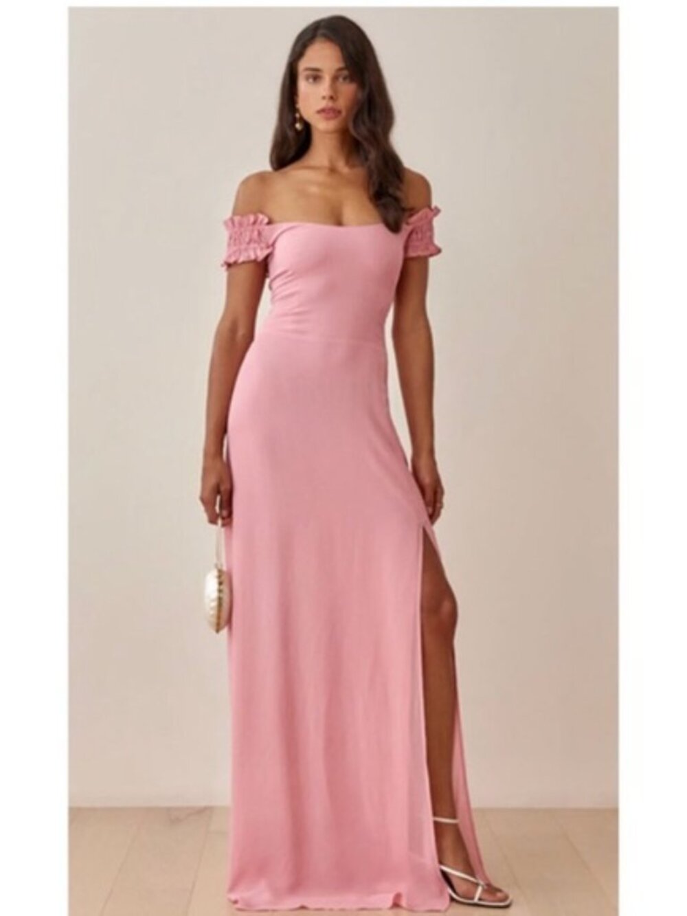 Reformation Gimlet Pink Off the Shoulder Ruffled Strap Maxi Dress